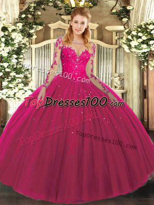 Luxury Hot Pink Ball Gowns Tulle Scoop Long Sleeves Lace Floor Length Lace Up 15 Quinceanera Dress