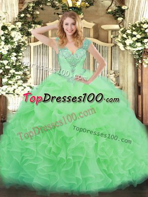 Luxury Floor Length Apple Green 15th Birthday Dress Organza Sleeveless Ruffles