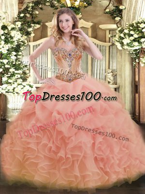 Top Selling Floor Length Peach Ball Gown Prom Dress Organza Sleeveless Beading and Ruffles and Pick Ups