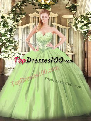 Superior Yellow Green Ball Gowns Sweetheart Sleeveless Tulle Floor Length Lace Up Beading Sweet 16 Dresses