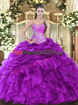 Inexpensive Beading and Ruffles and Pick Ups Sweet 16 Dress Eggplant Purple Lace Up Sleeveless Floor Length