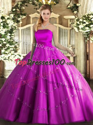 Fuchsia Ball Gowns Tulle Strapless Sleeveless Appliques Floor Length Lace Up 15 Quinceanera Dress