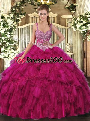 Deluxe Sleeveless Floor Length Beading and Ruffles Lace Up 15 Quinceanera Dress with Fuchsia