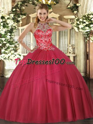 Coral Red Lace Up Sweet 16 Quinceanera Dress Beading Sleeveless Floor Length
