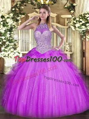 Exquisite Halter Top Sleeveless Sweet 16 Quinceanera Dress Floor Length Beading and Ruffles Lilac Tulle