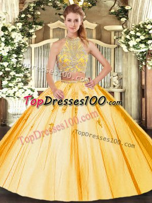 New Arrival Beading and Appliques Quince Ball Gowns Gold Criss Cross Sleeveless Floor Length