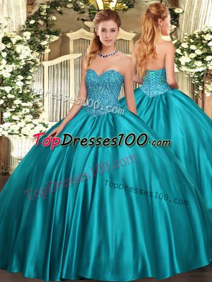 Teal Ball Gowns Beading 15 Quinceanera Dress Lace Up Satin Sleeveless Floor Length