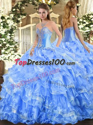 Custom Design Baby Blue Organza Lace Up Sweetheart Sleeveless Floor Length Quince Ball Gowns Beading and Ruffled Layers
