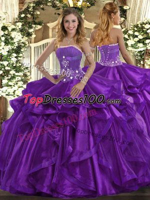 Purple Ball Gowns Strapless Sleeveless Organza Floor Length Lace Up Beading and Ruffles Quinceanera Dress