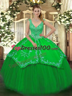 Romantic Green Zipper Sweet 16 Quinceanera Dress Beading and Embroidery Sleeveless Floor Length