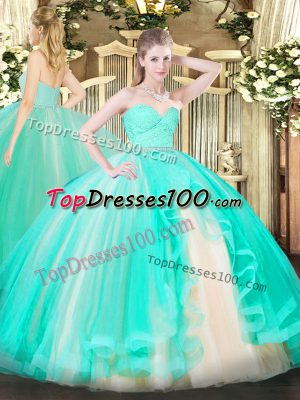 Apple Green Tulle Zipper 15 Quinceanera Dress Sleeveless Floor Length Beading and Lace and Ruffles