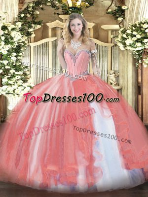 Best Selling Coral Red Sweetheart Neckline Beading and Ruffles Ball Gown Prom Dress Sleeveless Lace Up