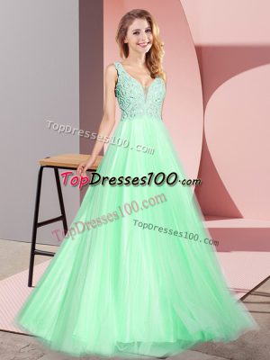 Apple Green V-neck Neckline Lace Prom Dresses Sleeveless Zipper