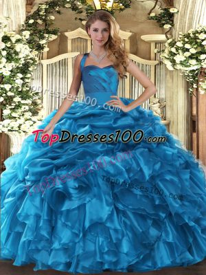 Floor Length Lace Up Sweet 16 Dress Baby Blue for Military Ball and Sweet 16 and Quinceanera with Ruffles and Pick Ups