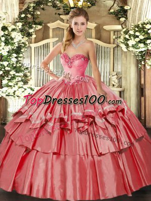 Fantastic Ball Gowns Ball Gown Prom Dress Coral Red Sweetheart Organza and Taffeta Sleeveless Floor Length Lace Up