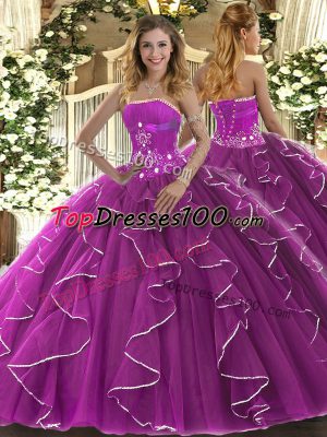 Pretty Fuchsia Strapless Neckline Beading and Ruffles Quinceanera Gown Sleeveless Lace Up
