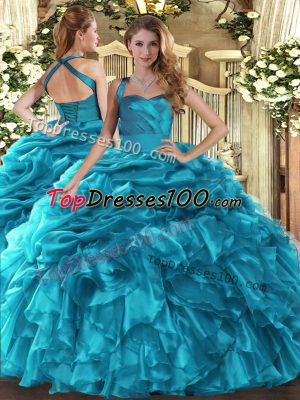 Gorgeous Teal Organza Lace Up Sweet 16 Dresses Sleeveless Floor Length Ruffles and Pick Ups