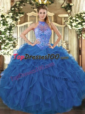 Fantastic Halter Top Sleeveless Quinceanera Dress Floor Length Beading and Embroidery and Ruffles Blue Organza