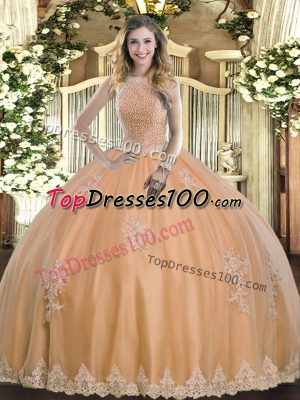 Tulle Sleeveless Floor Length Quinceanera Gowns and Beading and Appliques