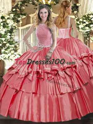 Floor Length Coral Red Quinceanera Gowns Organza and Taffeta Sleeveless Beading and Ruffled Layers