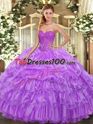Wonderful Lavender Ball Gowns Organza Sweetheart Sleeveless Beading and Ruffled Layers and Pick Ups Floor Length Lace Up Quinceanera Dress