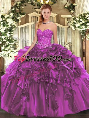 Beautiful Purple Sleeveless Floor Length Beading and Ruffles Lace Up Quinceanera Dresses