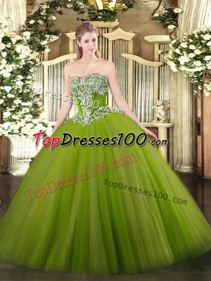 Flirting Olive Green Strapless Neckline Beading Quince Ball Gowns Sleeveless Lace Up