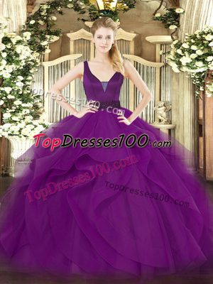Glorious Floor Length Zipper Ball Gown Prom Dress Purple for Military Ball and Sweet 16 and Quinceanera with Beading and Ruffles