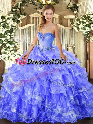 Attractive Blue Ball Gown Prom Dress Military Ball and Sweet 16 and Quinceanera with Beading and Ruffled Layers Sweetheart Sleeveless Lace Up