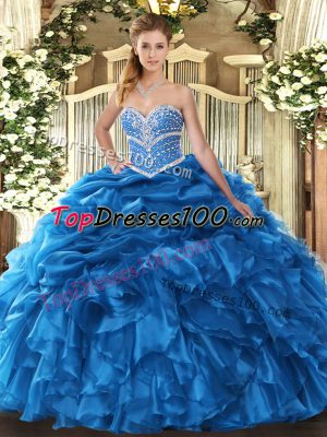 Sweetheart Sleeveless Sweet 16 Dress Floor Length Beading and Ruffles and Pick Ups Blue Organza