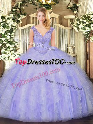 New Arrival Sleeveless Organza Floor Length Lace Up Sweet 16 Dress in Lavender with Beading and Ruffles