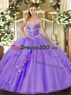 Smart Lavender Ball Gowns Tulle Sweetheart Sleeveless Beading and Ruffles Floor Length Lace Up 15 Quinceanera Dress