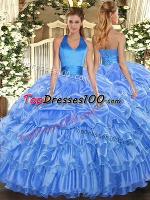 Sweet Baby Blue Organza Lace Up Halter Top Sleeveless Floor Length Quinceanera Dress Ruffled Layers and Pick Ups