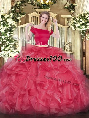 Coral Red Off The Shoulder Zipper Appliques and Ruffles 15th Birthday Dress Short Sleeves