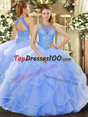 High Quality Floor Length Lace Up Ball Gown Prom Dress Light Blue for Military Ball and Sweet 16 and Quinceanera with Beading and Ruffles