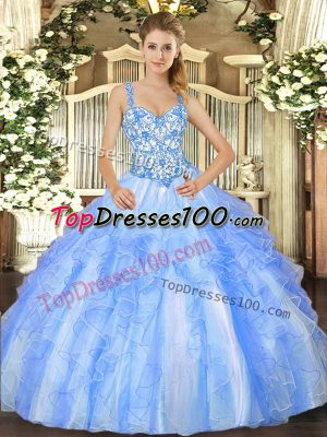 Modest Blue And White Lace Up Vestidos de Quinceanera Beading and Ruffles Sleeveless Floor Length