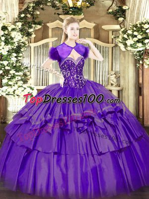Great Purple Sleeveless Organza and Taffeta Lace Up Sweet 16 Dress for Military Ball and Sweet 16 and Quinceanera