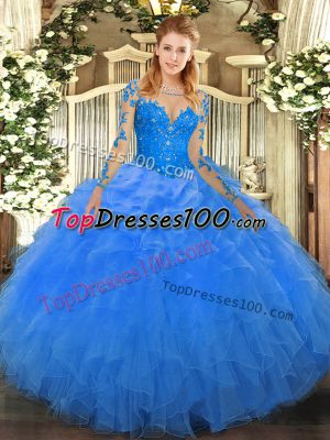 Low Price Lace and Ruffles Sweet 16 Dress Blue Lace Up Long Sleeves Floor Length