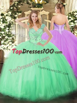 Apple Green Sweet 16 Dresses Military Ball and Sweet 16 and Quinceanera with Beading V-neck Sleeveless Lace Up