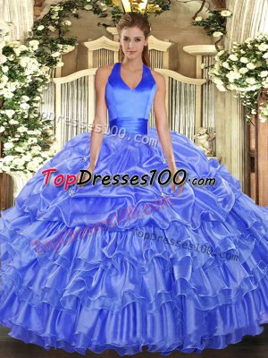 Luxury Organza Halter Top Sleeveless Lace Up Ruffled Layers and Pick Ups Ball Gown Prom Dress in Blue