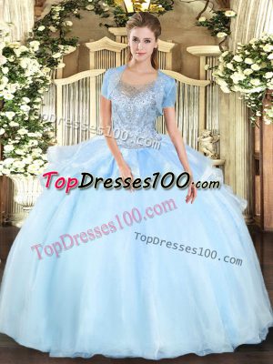 Aqua Blue Organza and Tulle Clasp Handle Quinceanera Dresses Sleeveless Floor Length Beading