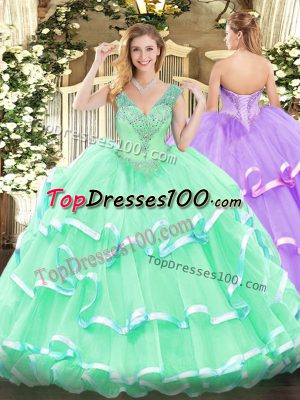 Fitting Organza V-neck Sleeveless Lace Up Beading Quince Ball Gowns in Apple Green