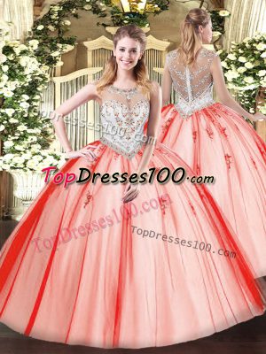 Traditional Scoop Sleeveless Quinceanera Gown Floor Length Beading and Appliques Coral Red Tulle