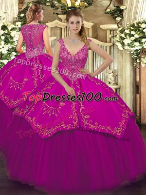 Sexy Floor Length Fuchsia Quinceanera Dress Taffeta and Tulle Sleeveless Beading and Embroidery