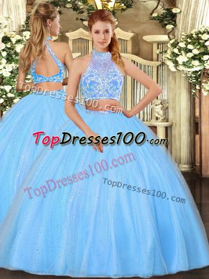 Romantic Beading Quinceanera Dresses Aqua Blue Criss Cross Sleeveless Floor Length