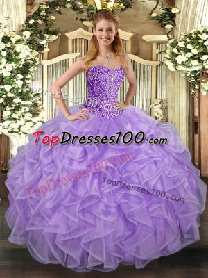 Exceptional Lavender Lace Up Sweet 16 Dresses Beading and Ruffles Sleeveless Asymmetrical