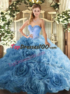 Aqua Blue Ball Gowns Fabric With Rolling Flowers Sweetheart Sleeveless Beading Floor Length Lace Up Quinceanera Dresses