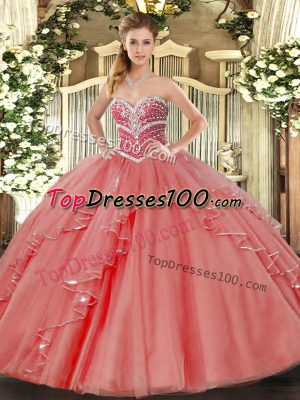 Cute Floor Length Coral Red Quinceanera Gown Tulle Sleeveless Beading and Ruffles