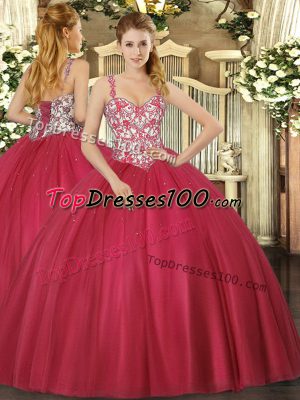 Amazing Coral Red Ball Gowns Tulle Straps Sleeveless Beading and Appliques Floor Length Lace Up Quinceanera Gown