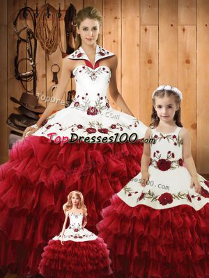 Enchanting Tulle Halter Top Sleeveless Lace Up Embroidery and Ruffles Vestidos de Quinceanera in Wine Red